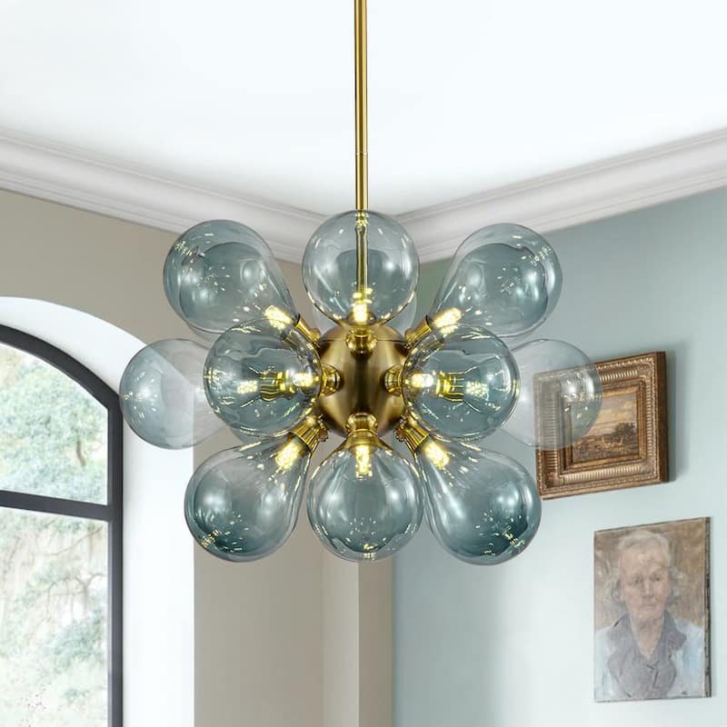 18-Light Cluster Blue Glass Bubble Chandelier - 25in Wide Gold