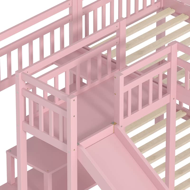 Full/Twin House-Shaped Bunk Bed with Slide & Storage Stairs, Playhouse Bed with Two Placement Methods