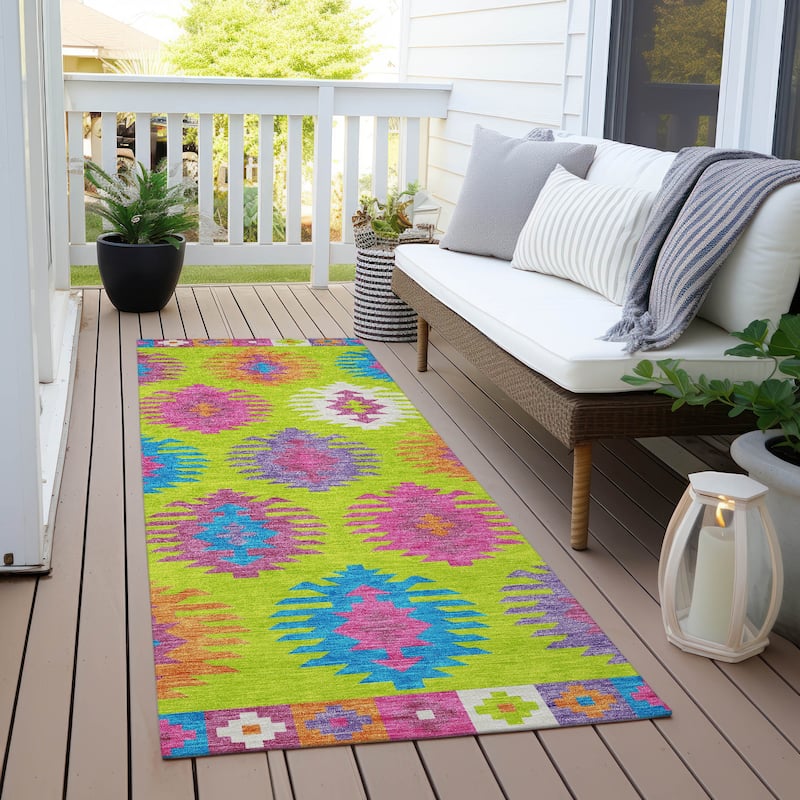 Machine Washable Indoor/ Outdoor Boho Tribal Chantille Rug - Lime - 2'3" x 7'6"