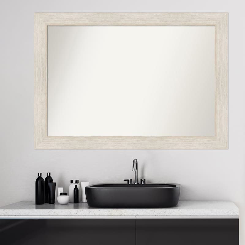 Non-Beveled Wood Bathroom Wall Mirror - Hardwood Whitewash Frame