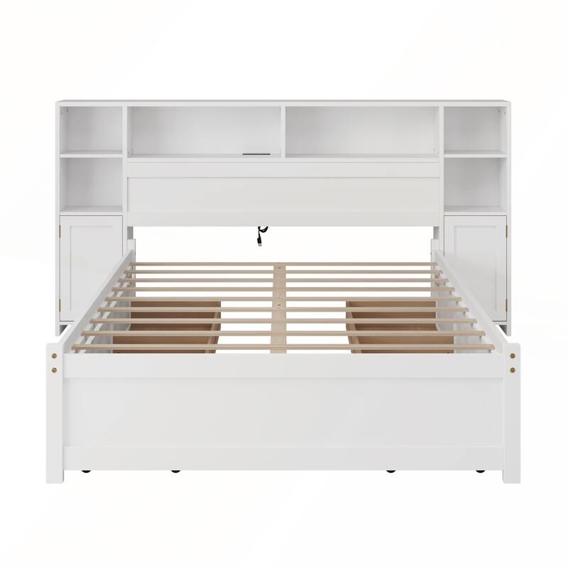 White Wooden Storage Bed with Tall Extended Bookcase Headboard and Charging Station for Teens Adults