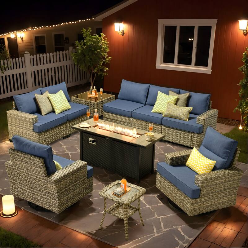 HOOOWOOO 10-piece Rattan Wicker Patio Outdoor Furniture Fire Pit Set with Swivel Rocking Chairs - Denim Blue