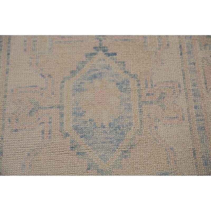 Hand Knotted Oriental 100% Wool Carpet Transitional Geometric Navy Blue & Blues Oushak Runner Rug - 16' 3'' X 3' 4''