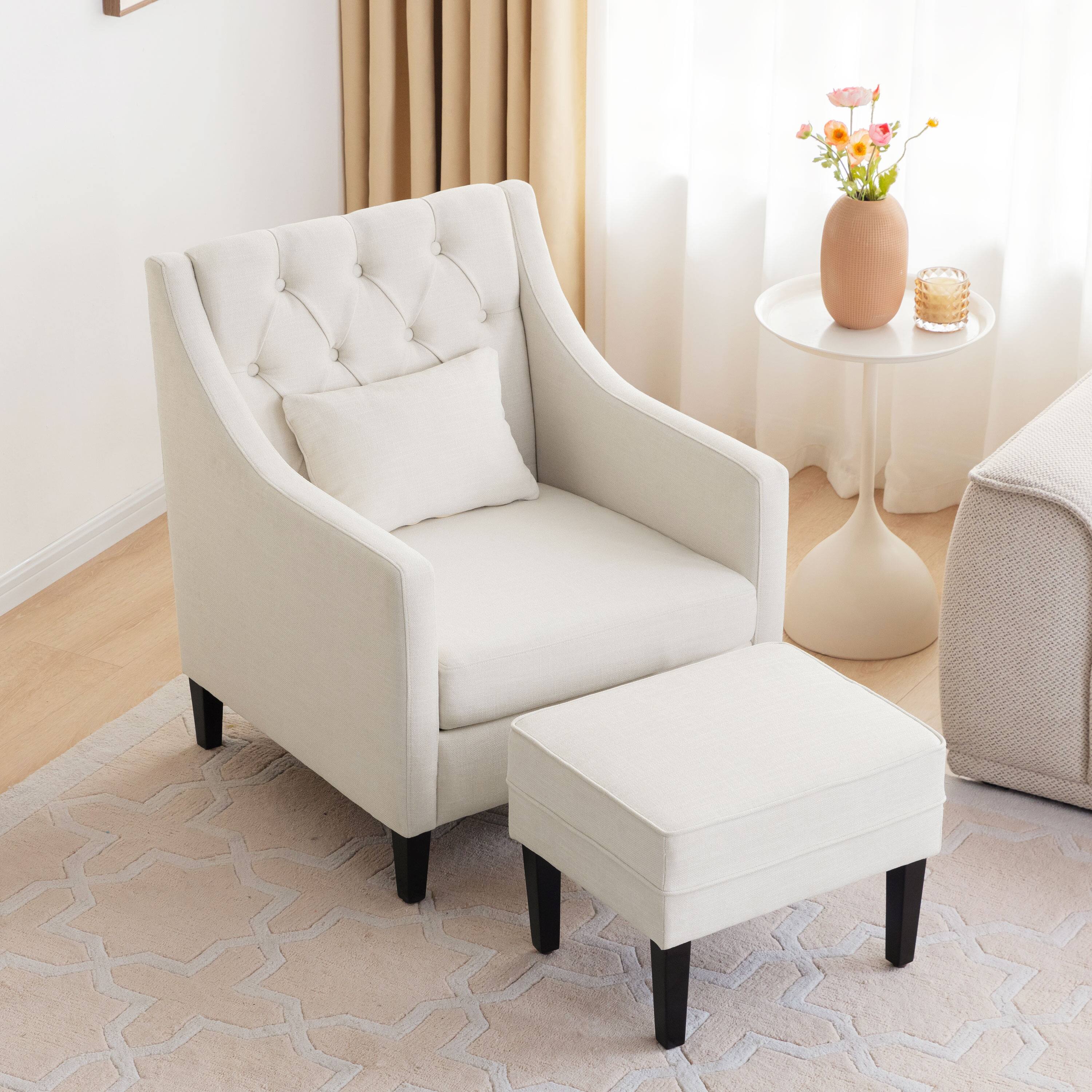 HUIMO Arm Chair Comfy Club Chair with Ottoman and Pillow / Beige/ Dark