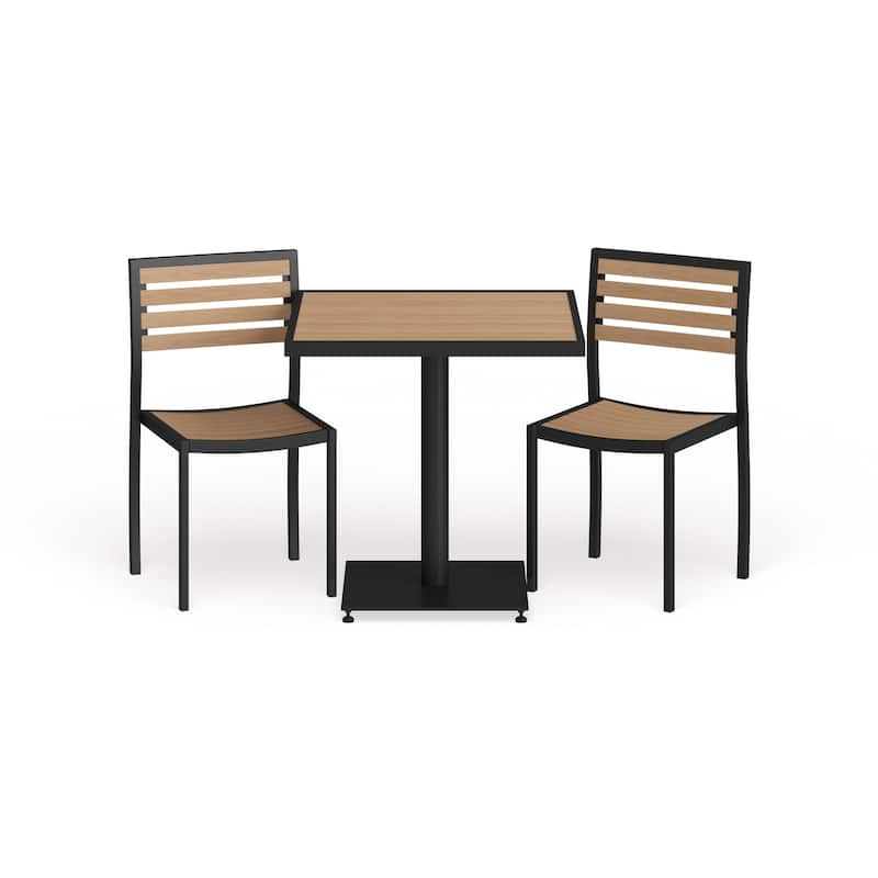Outdoor Patio Bistro Dining Table Set with 2 Chairs and Faux Teak Poly Slats