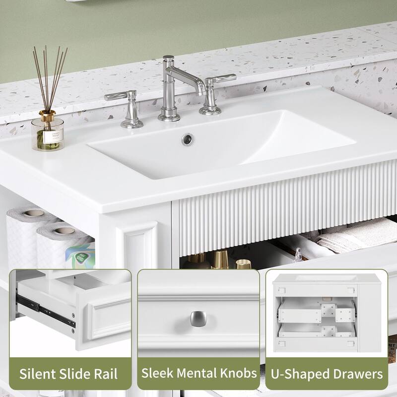 30" Wall Mounted Bathroom Vanity - Floating Storage Cabinet with 2 Drawers and 3-Hole Single Ceramic Sink