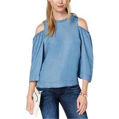 maison Jules Womens Back-Button Cold Shoulder Blouse,, Blue, Small