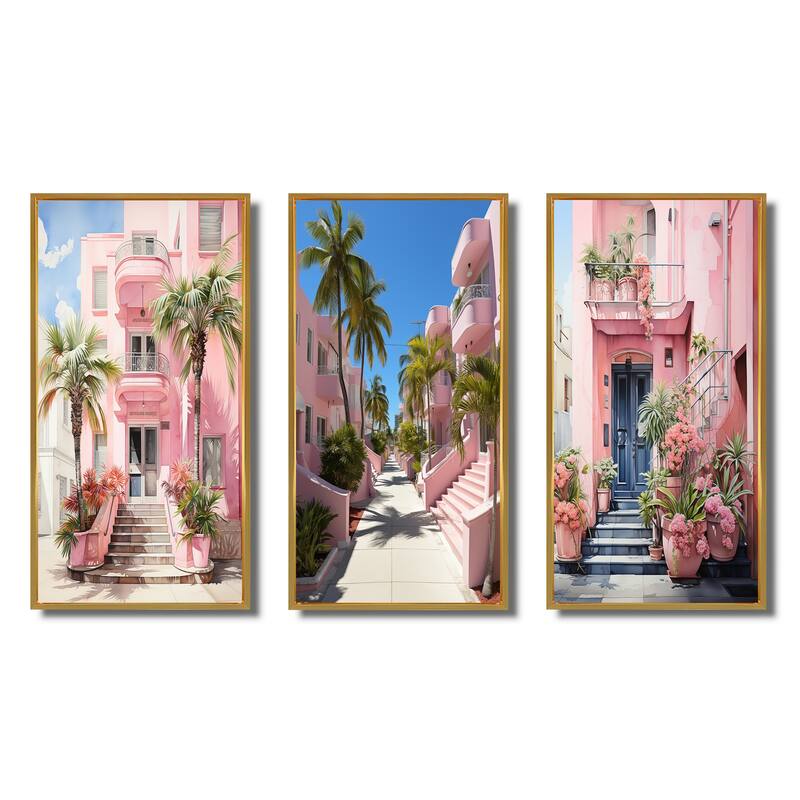 Designart "Pink Miami Artful Facades II" Floral Framed Wall Art Set Of 3 Frame Canvas Set For Living Room Decor