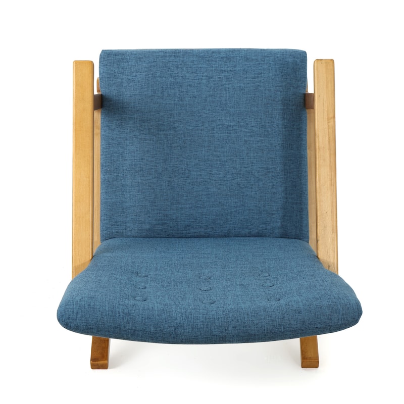 Maze Rocking Chair, Mid-Century Brown Rubberwood, Tufted Blue Fabric