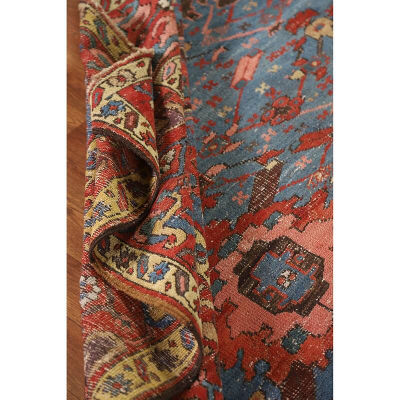 Hand Knotted Oriental 100% Wool Carpet Traditional Geometric Navy Blue & Blues Heriz Area Rug - 8' 5'' X 7' 11''