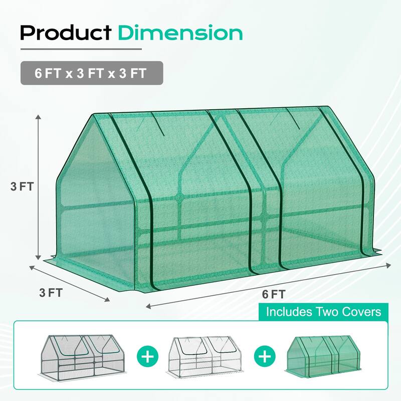 Aoodor 6x3x3 ft Mini Greenhouse with 2 Zipper Doors, 3 Covers - 6 x 3 x 3 ft.