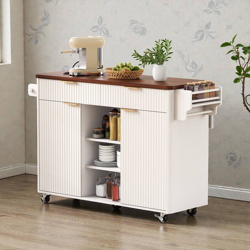 52" Fluted Kitchen Island with Drop Leaf, Power Outlet, Rolling Storage Cart with Adjustable Shelves, Drawers & Walnut Top