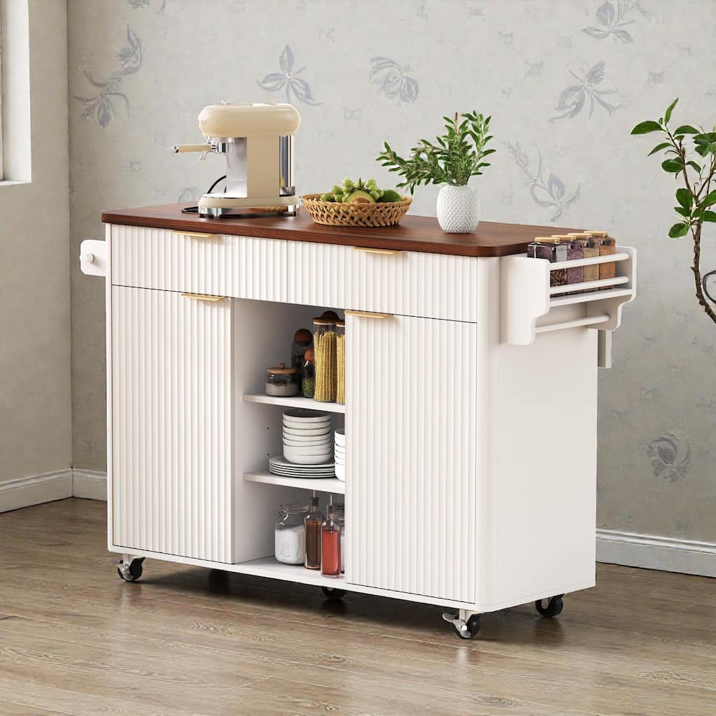 52" Fluted Kitchen Island with Drop Leaf, Power Outlet, Rolling Storage Cart with Adjustable Shelves, Drawers & Walnut Top