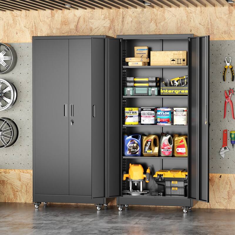Tall Garage Storage Rolling Tool Cabinet with Locking Doors and Adjustable Shelves for Garage, Home Office, School