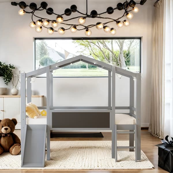 slide 2 of 12, Eye-Catching Design Twin Size Wood Loft Bed, Wood House Shape Bunk Grey