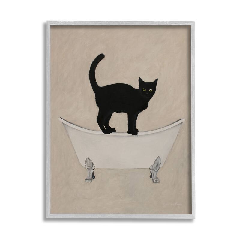 Stupell Black Cat Simple Claw Foot Bathtub Bathroom Painting Framed Wall Art - 16 x 20 - Grey