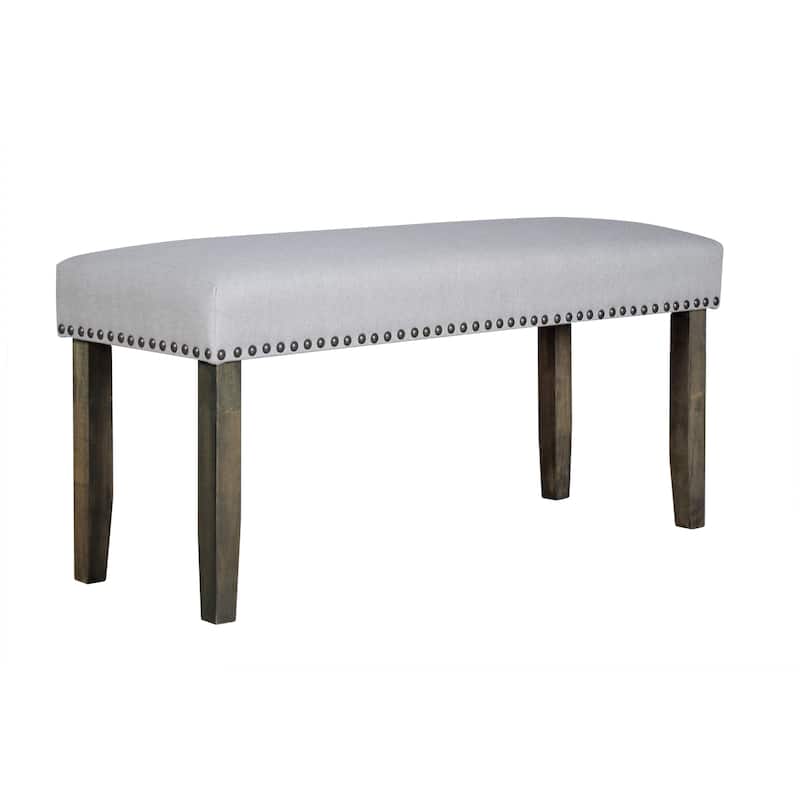 Luo 43 Inch Dining Bench, Nailhead Accent Soft Gray Upholstery, Brown Wood