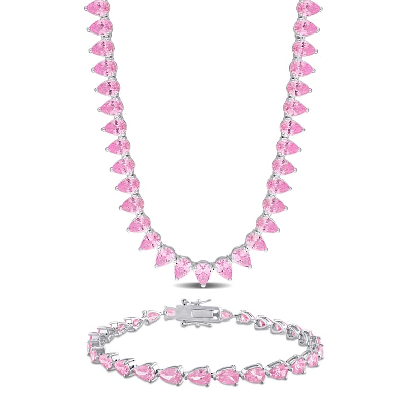 Miadora 58ct TGW Created Pink Sapphire Tennis Necklace Bracelet Jewelry Set Sterling Silver