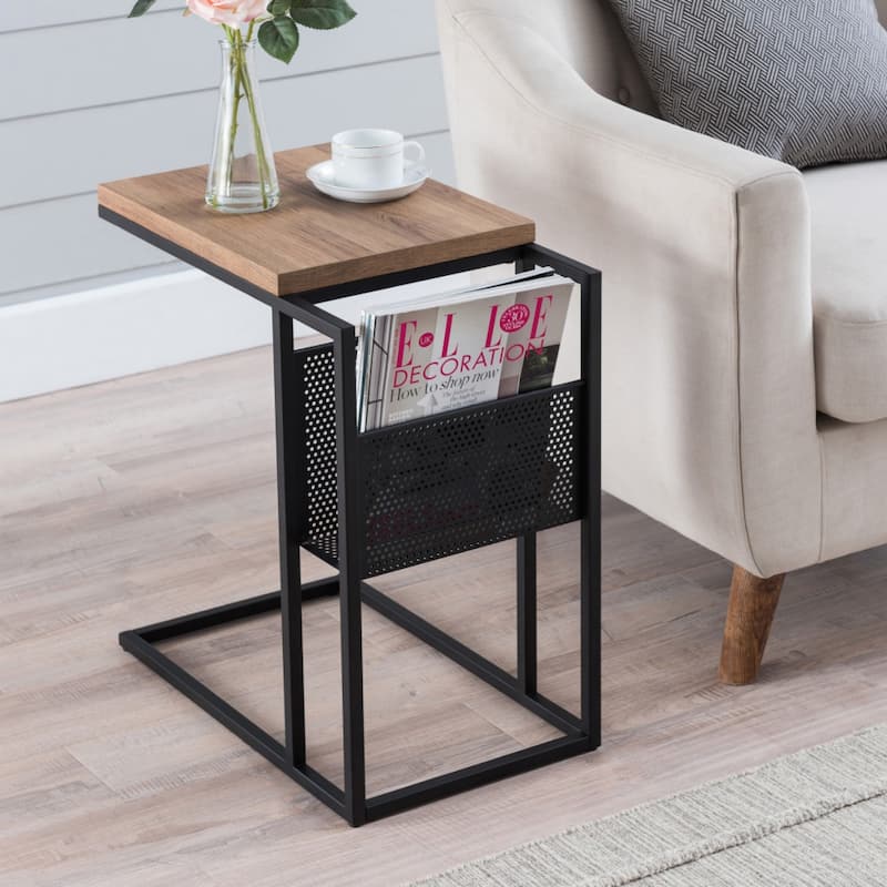 Brown Wood C Table with Black Steel Base and Magazine Rack Storage - 12” x 20” x 22” (D x W x H)
