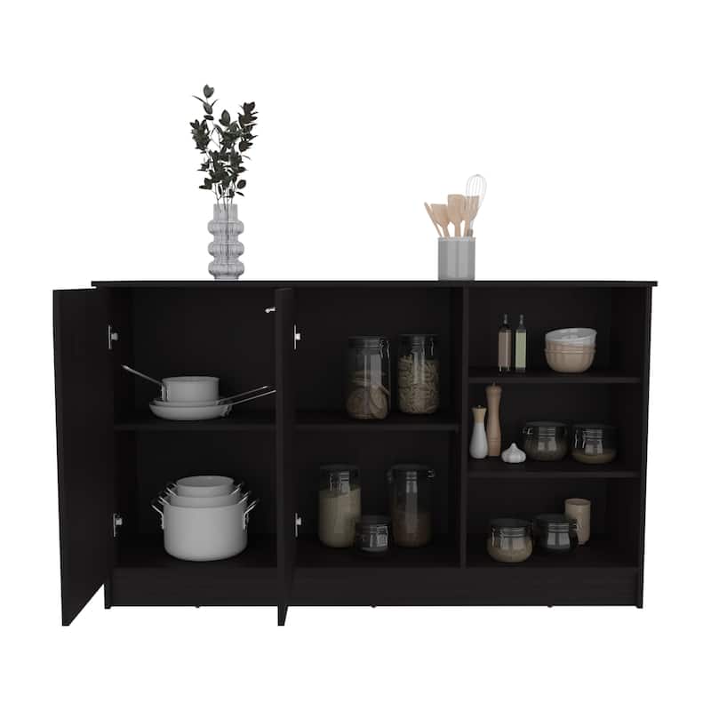 Ginger Kitchen Island, Three Open Shelves, Two Cabinets White / Dark Brown