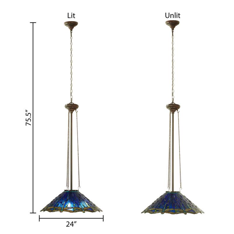 Dragonflies River of Goods Tiffany-Inspired Blue and Green Stained Glass and Metal 24-Inch Hanging Pendant Light