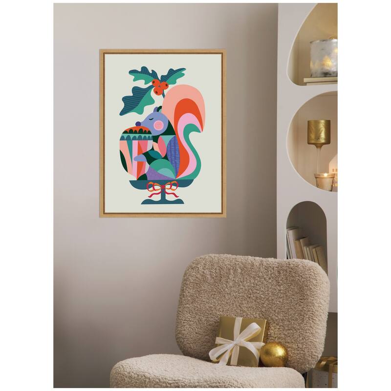 Kate and Laurel Sylvie Framed Canvas Winter Squirrel Christmas Present by Rachel Lee