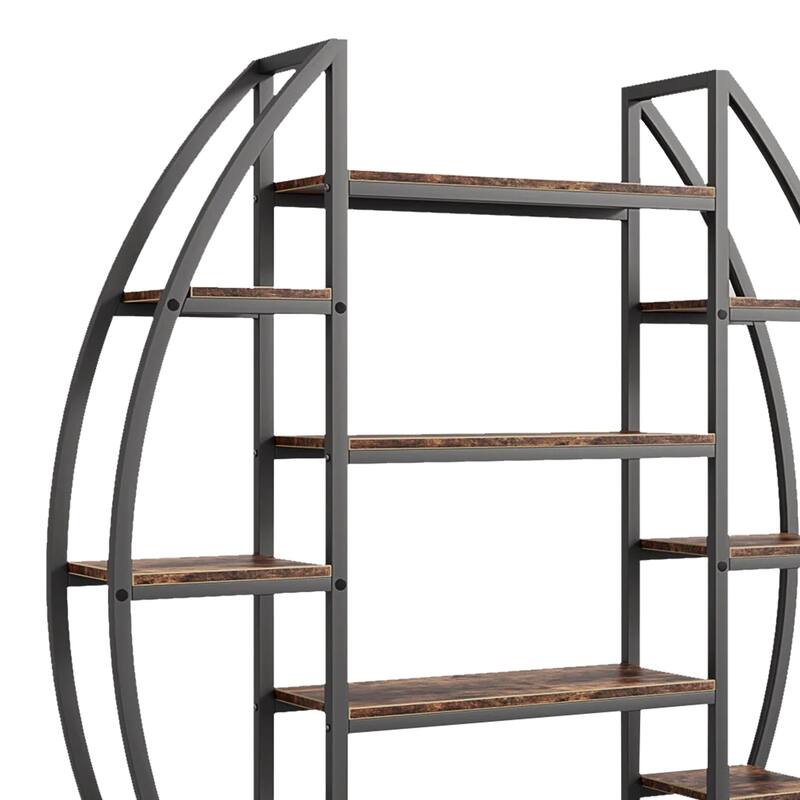 Oval Bookshelf, 12 Brown Wood Shelves, 5 Tier Black Frame, 69 Inch