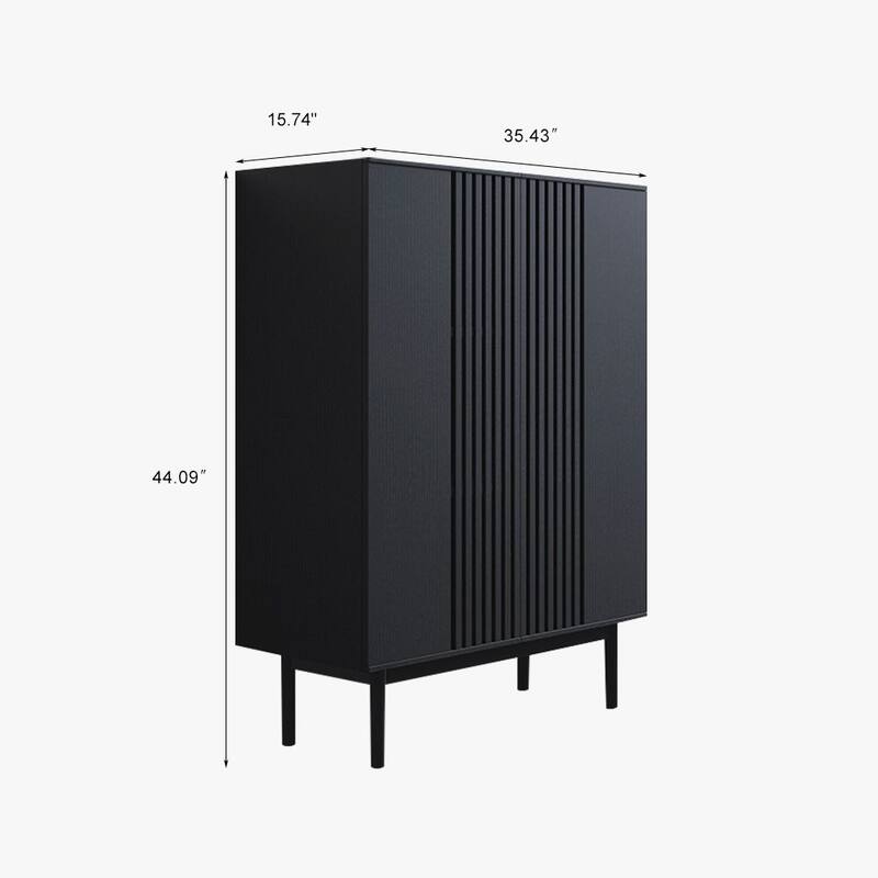 35.43'' Minimalist Side Cabinet，6 Compartments, Hollow-out Design, Solid Wood Veneer, Metal Legs, Black Accent Chest - 35.43