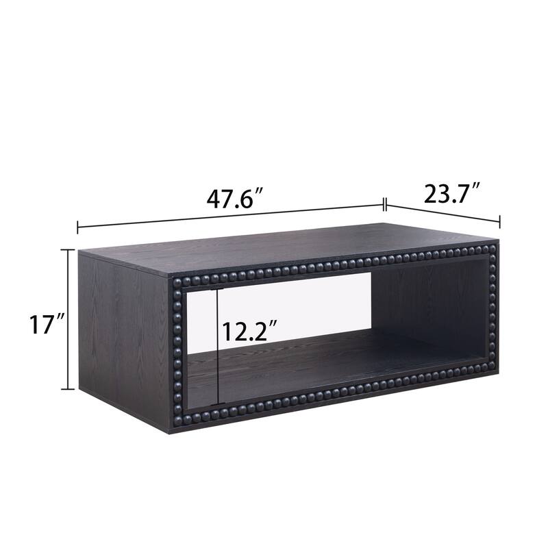 Rustic Beaded Edge Coffee Table -47.6" Rectangular Center Table with Open Storage Shelf