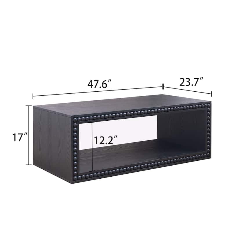 Rustic Beaded Edge Coffee Table 47.6" Rectangular Center Table with Open Storage Shelf Farmhouse Style