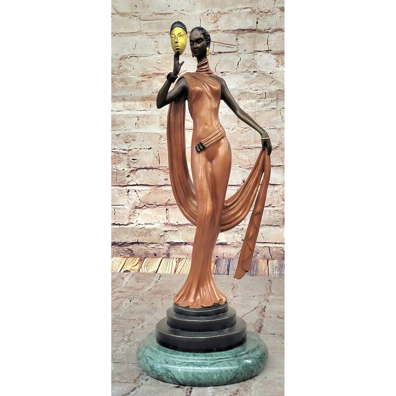 J. Erte Art Deco Bronze Lady With Mask – Elegant Figurine In Flowing Dress On Marble Base