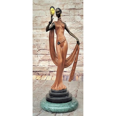 J. Erte Art Deco Bronze Lady With Mask – Elegant Figurine In Flowing Dress On Marble Base