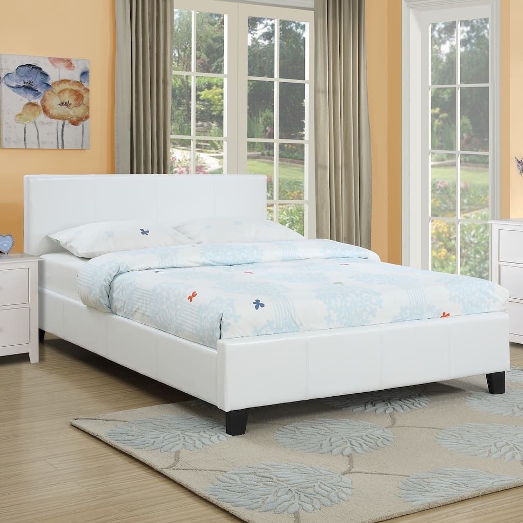 Queen Size White Faux Leather Upholstered Bed Frame with Wooden Legs