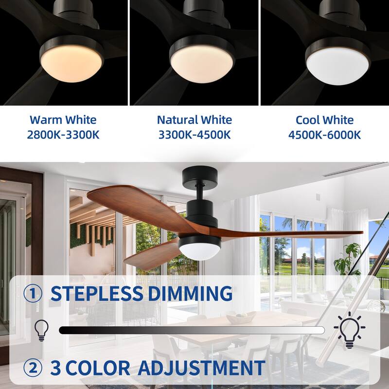 Moasis 52 inch Walnut Wood Ceiling Fan Light with Remote Control,LED 3-Color Adjustable - 52"