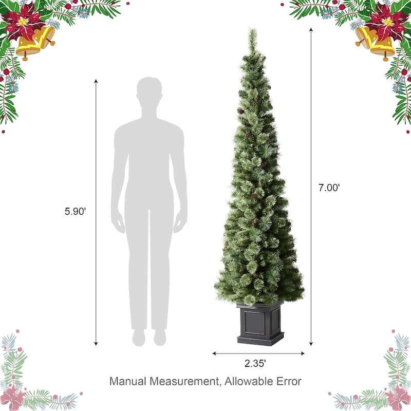 Glitzhome 7FT Pre-Lit Slim Artificial Christmas Tree with 200 LED Lights and Base, 9 Functional Warm White/Multi-Color