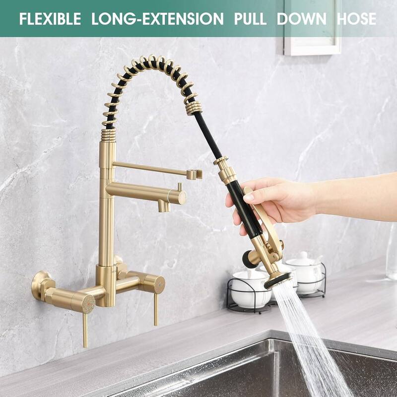 Dornberg Wall Mount Kitchen Faucet with Sprayer, 2 Handle Pull Down Faucet
