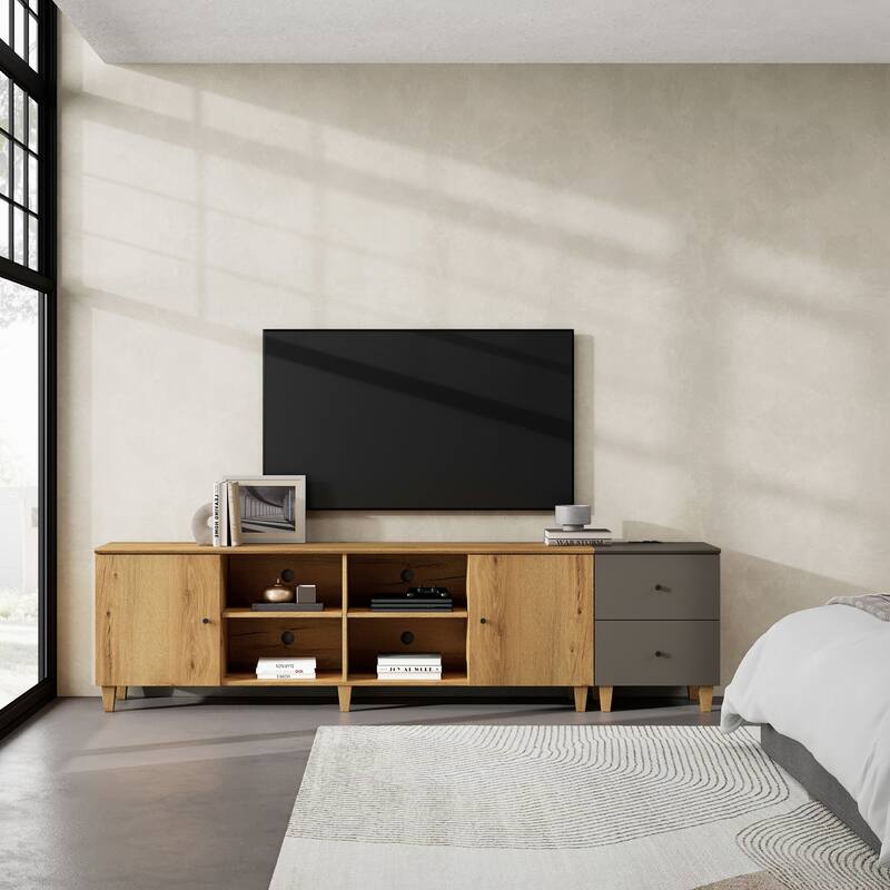 WAMPAT Wood TV Stand with Drawer & Charging Station for 100 Inches TVs