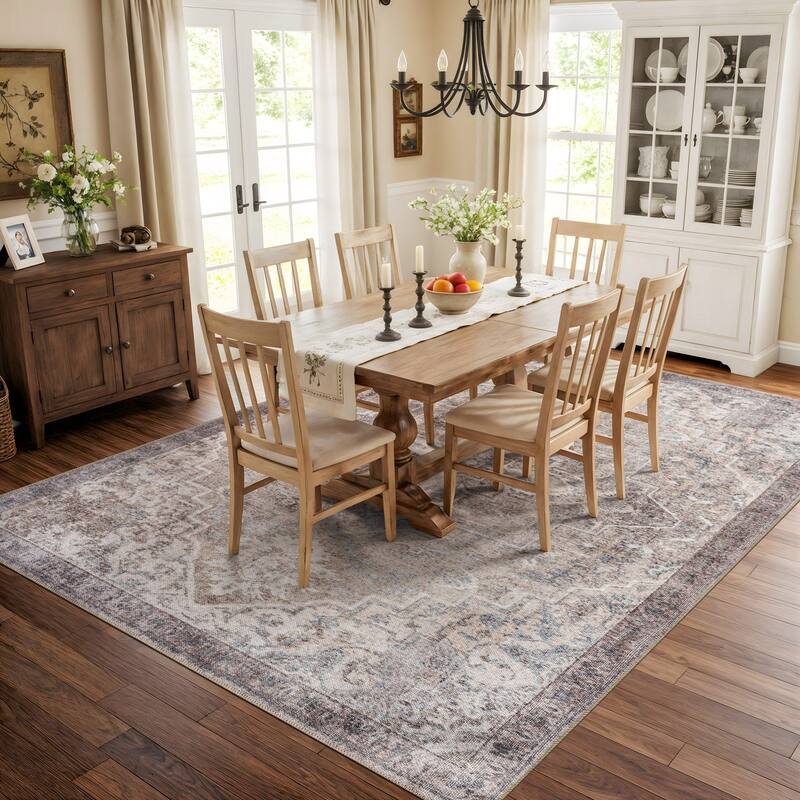 Beige Floral Medallion Washable Rug - Low Pile, Non-Slip