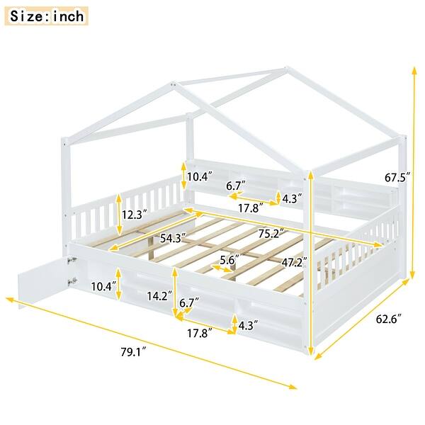dimension image slide 3 of 4, Wooden House Headboard Bed Frame w/ Shelves & Mini-cabinet, Unisex