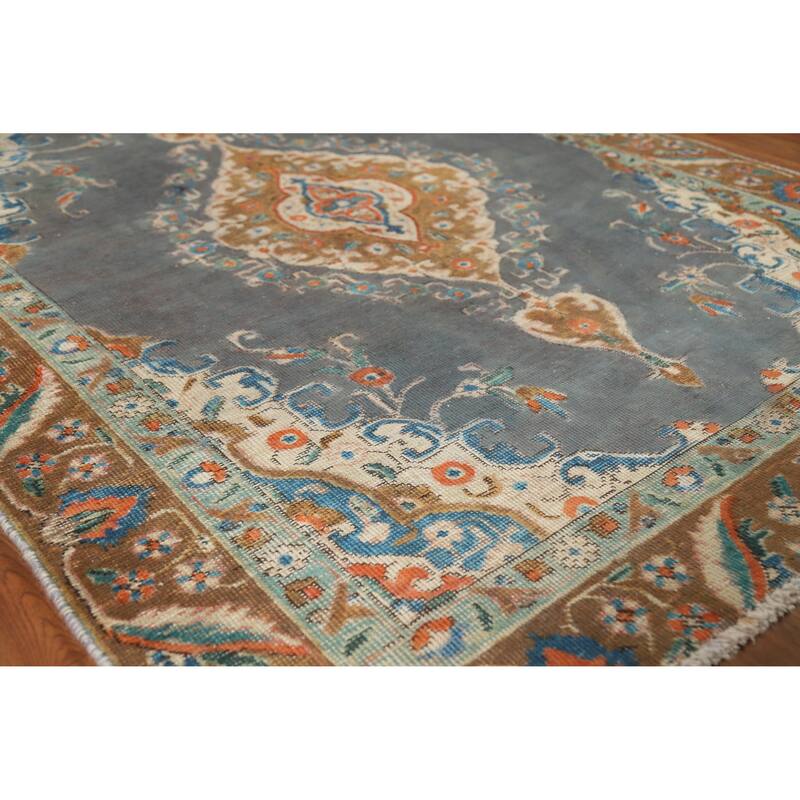 Hand Knotted Oriental 100% Wool Carpet Traditional Medallion Navy Blue & Blues Tabriz Area Rug - 5' 7'' X 4' 3''