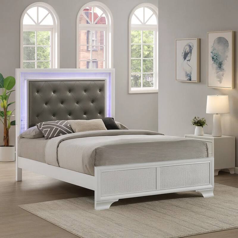 Lise Full Size Bed, Gray Fabric Upholstery, LED Lit, Modern White Wood