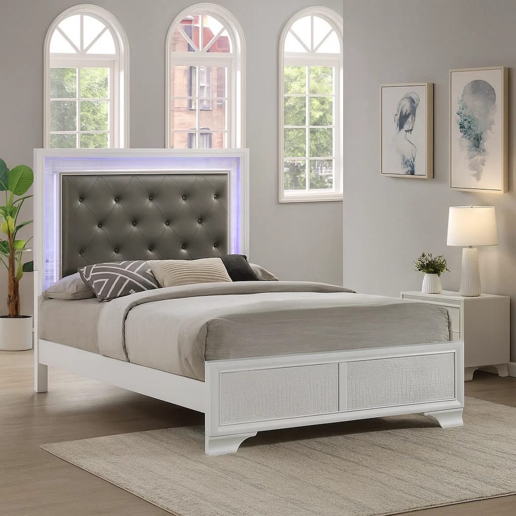 Lise Full Size Bed, Gray Fabric Upholstery, LED Lit, Modern White Wood