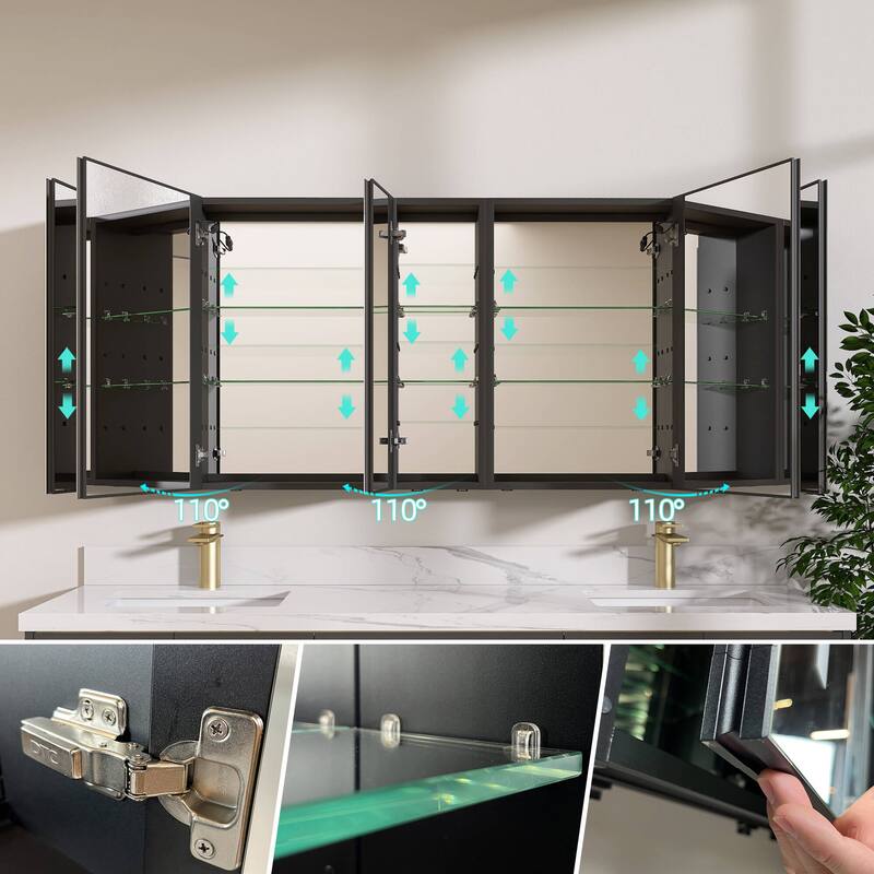 ZEAFIVE LED Black Bathroom Medicine Cabinet Surface Mount Defog Medicine Cabinet 3 Lights Dimmable