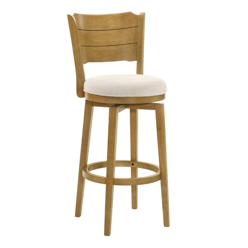 Winsley Coastal Modern Swivel Wood Counter Height Kitchen Bar Stool with White Boucle Fabric Upholstered Seat