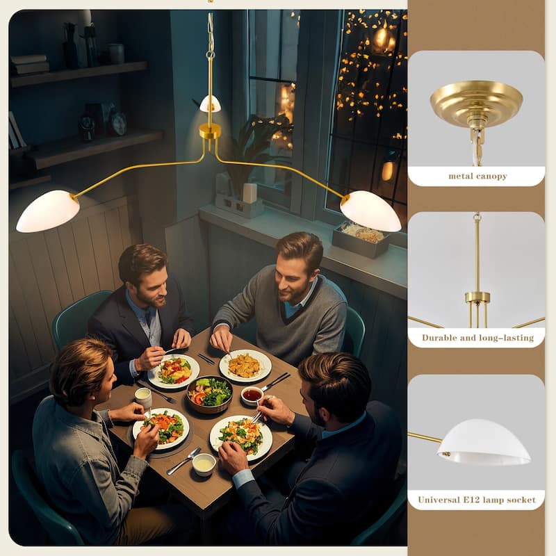 3-Arm Mid-Century Brass Chandelier Adjustable Farmhouse Pendant Light with Milky Glass Shades for Dining Rooms