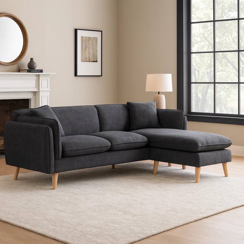 Maci 87 Inch Sectional Sofa, Reversible Chaise, Dark Gray Fabric, Wood Legs