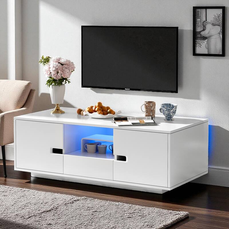 47.2'' Modern High Gloss LED Coffee Table with Storage, Rectangle Center Table with 16 Color Lights for Living Room