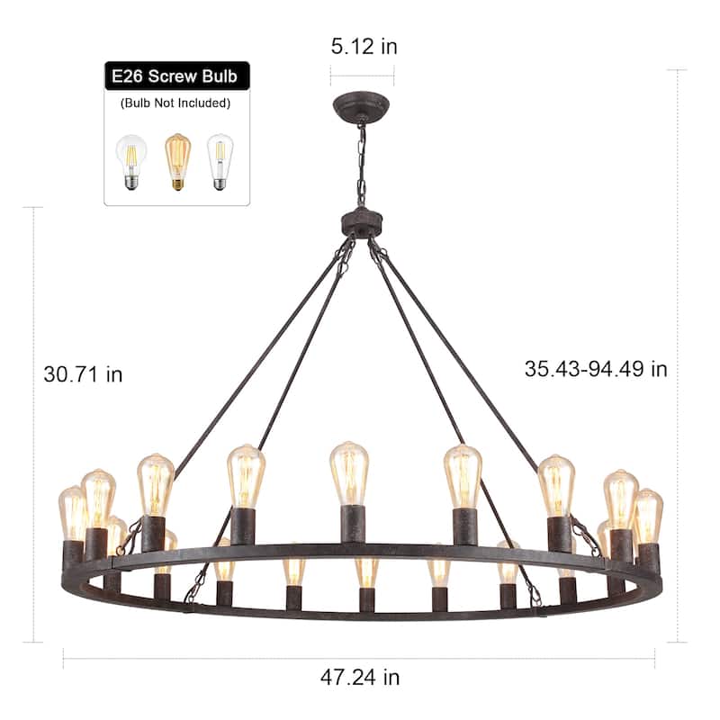 20-Light Round Rustic Wagon Wheel Chandelier, Farmhouse Chandelier, Dining Room Living Room Bedroom Kitchen Light Fixture