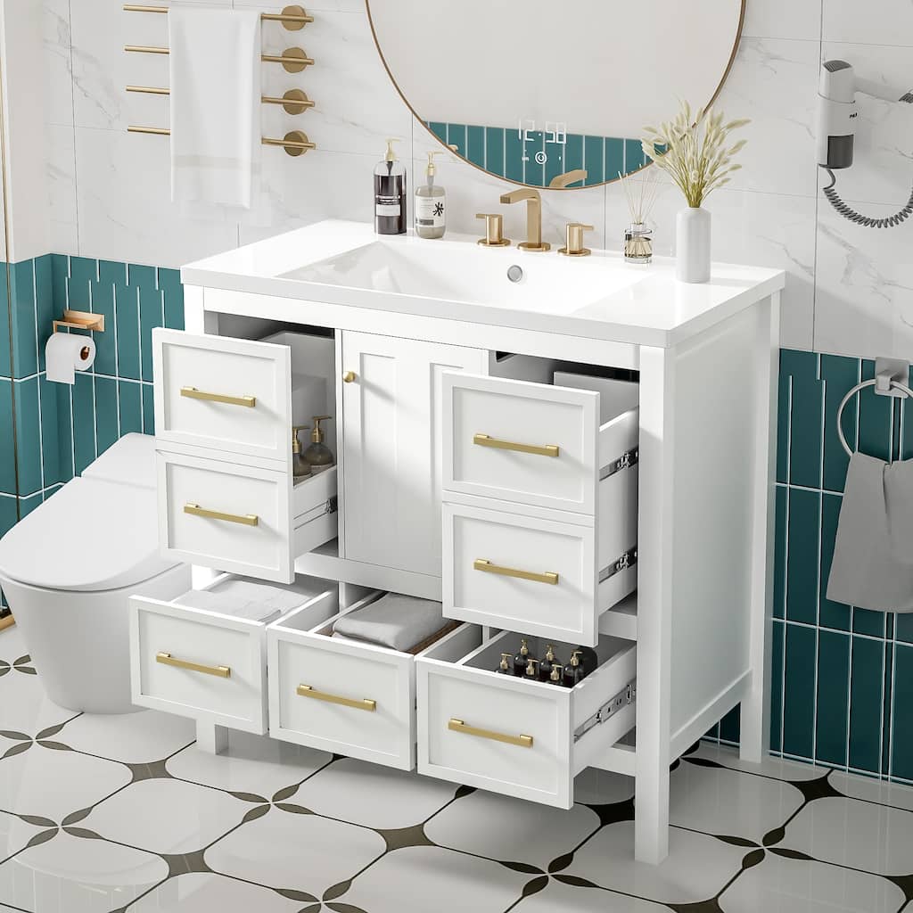 GDFStudio - Rivinia Modern Freestanding Bathroom Vanity Set with Resin Sink and 5 Drawers & Soft Closing Doors - 36'W