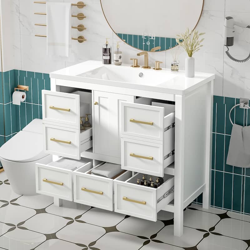 Roomfitters 36" Vanity with Resin Sink, Solid Wood Cabinet with 5 Drawers and Soft Closing Doors, Freestanding Storage Set - White